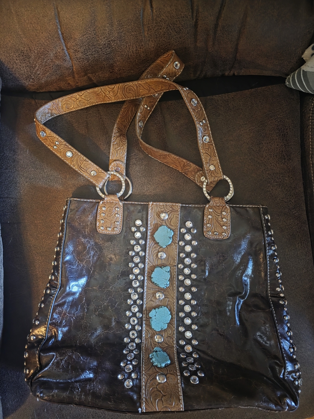Country Road Brown Tote Bag with Turquoise Accents